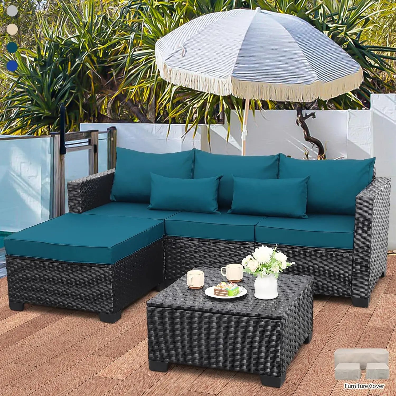 Outdoor Furniture Set 3 Pieces Wicker Patio Furniture Outdoor Sectional Patio Couch Outdoor Coffee Table with Waterproof Covers