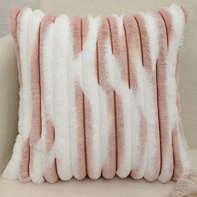 1pc Double-Sided Faux Fur Plush Cushion Cover for Sofa Fuzzy Striped Soft Throw Decorative Pillow Covers for Couch or Bedroom