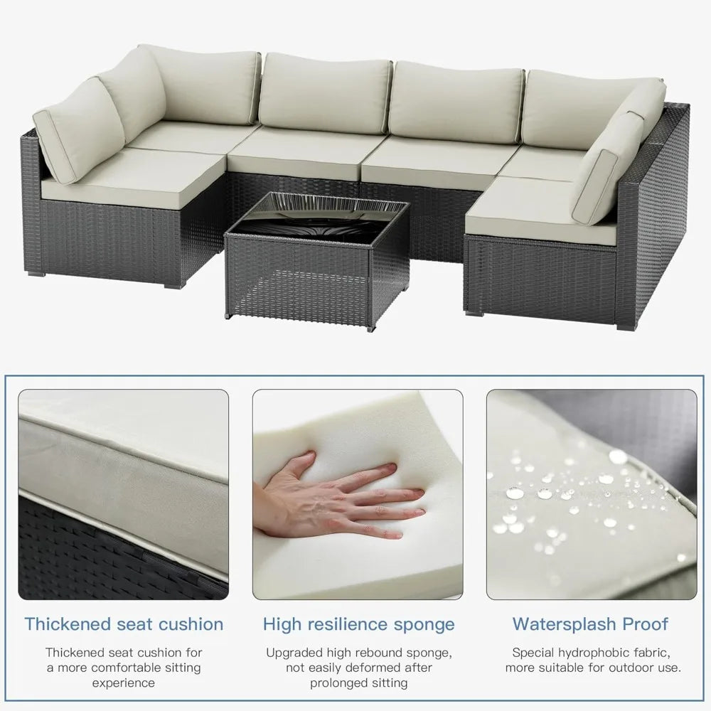 7 Pieces Patio Furniture Set - Outdoor Sectional Wicker Rattan Furniture with Cushion and Glass Table Patio Poolside Backyard