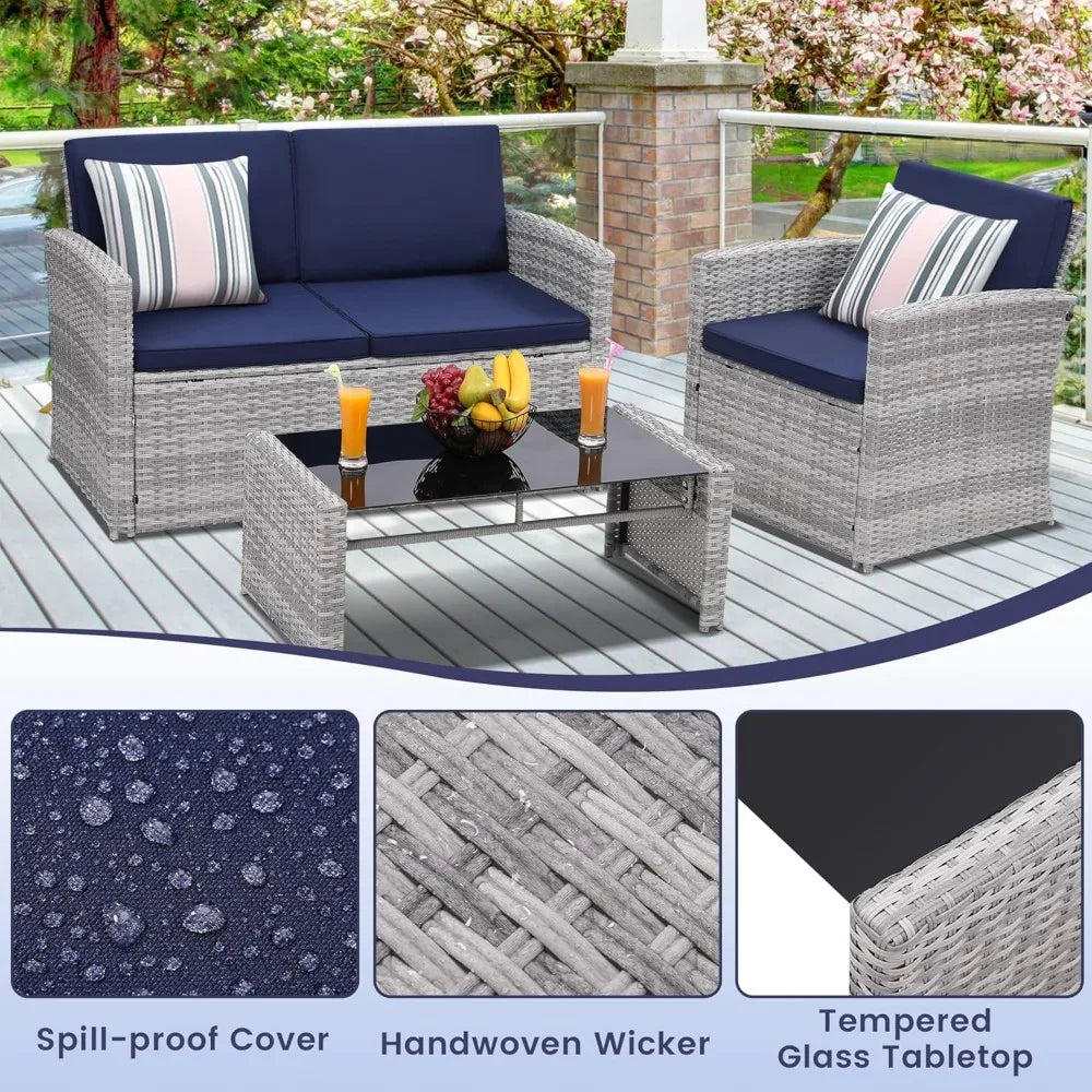 4 Piece Patio Conversation Set, Outdoor Wicker Sectional Furniture with Sofa, 2 Chairs, and Coffee Table, for Porch, Deck