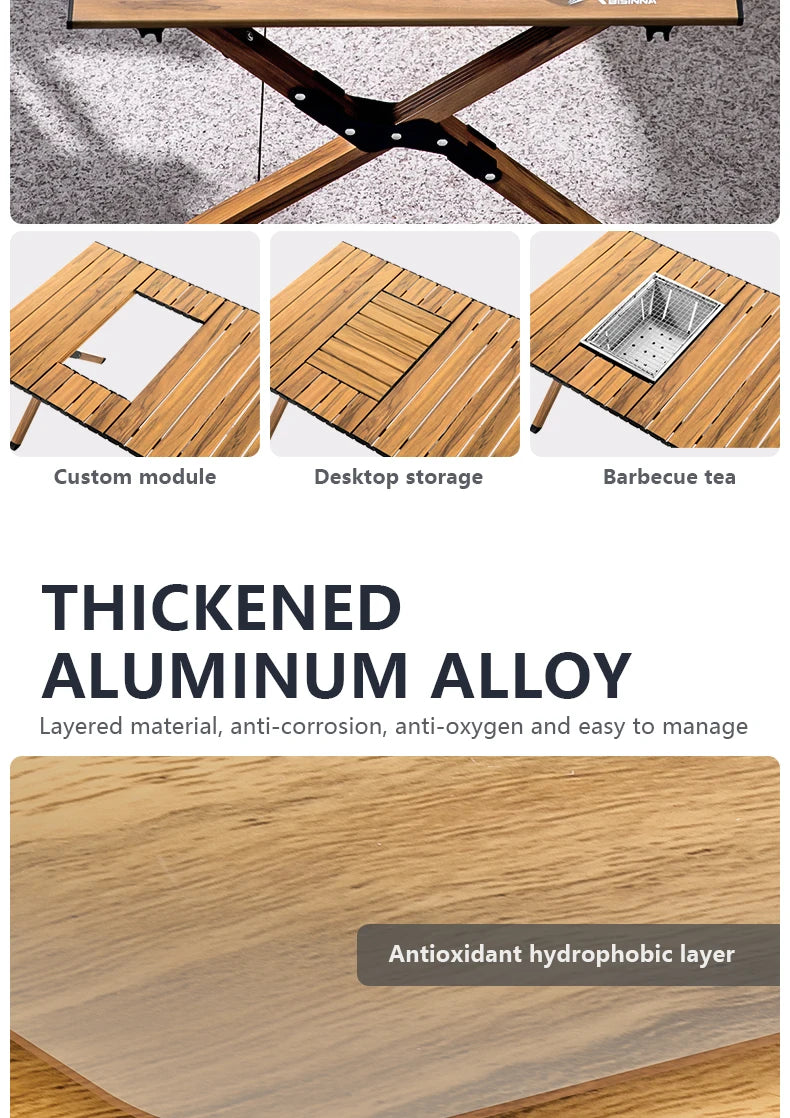 BISINNA Aluminum Alloy Custom Egg Roll Table Outdoor Folding Stove Boiling Tea Table Picnic Barbecue Wood Grain Egg Roll Table