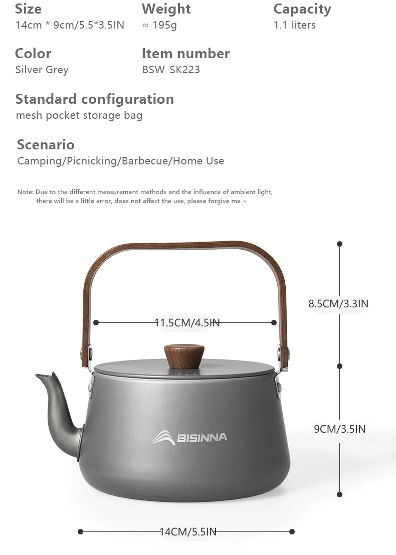BISINNA 1.1L Camping Water Kettle Lightweight Portable Aluminum Alloy Teapot Outdoor Tourism Picnic Hiking Cookware