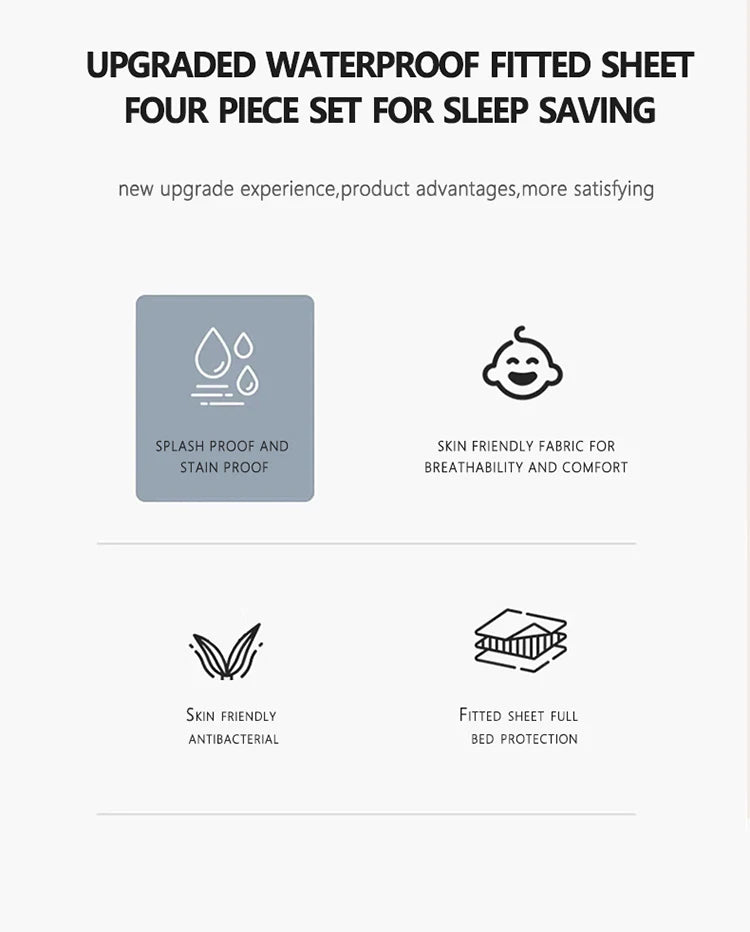 3/4pcs Solid Beding Set, Waterproof Fitted sheet & Bed Sheet & Pillowcases Soft, Queen, KIng, Full, Twin Size, White and Gray