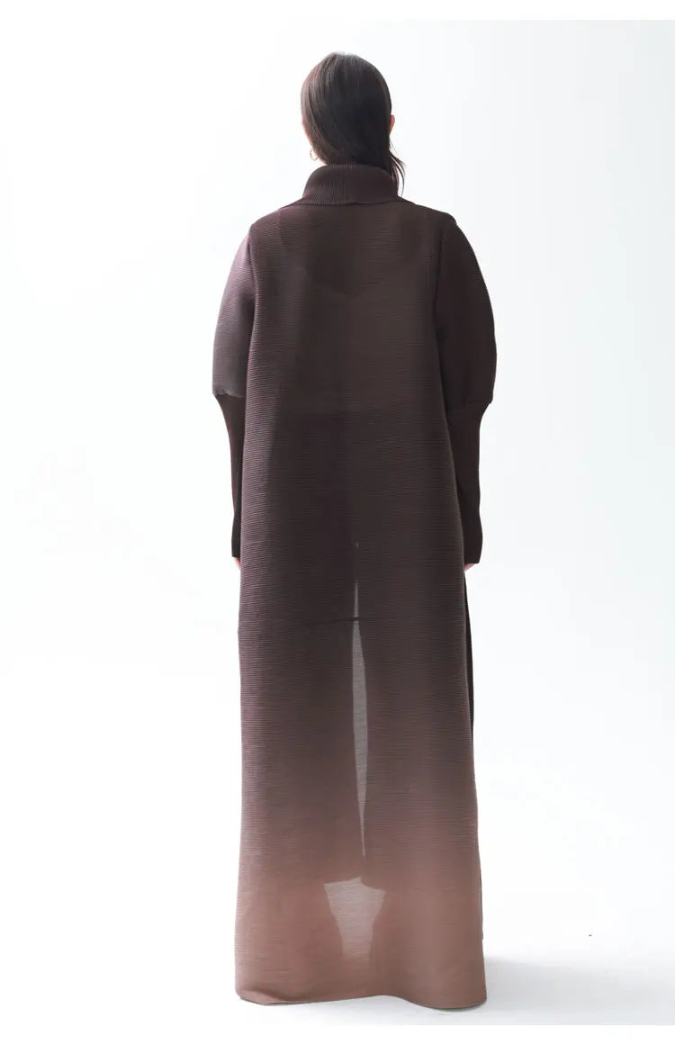 Miyake Pleated Gradient Turndown Collar Lantern Long Sleeve Jacket Women 2024 New Original Designer Abaya Fashion Long Coats