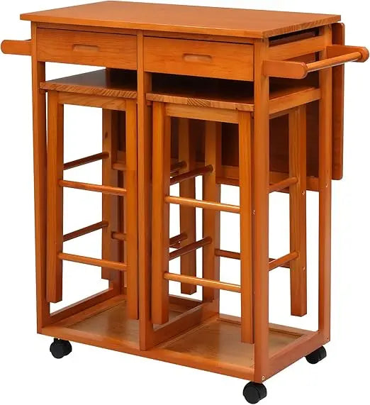 Kitchen Island Trolley Cart with 2 Square Stools and 2 Drawers Solid Wood Drop Leaf Table Easy Put Together