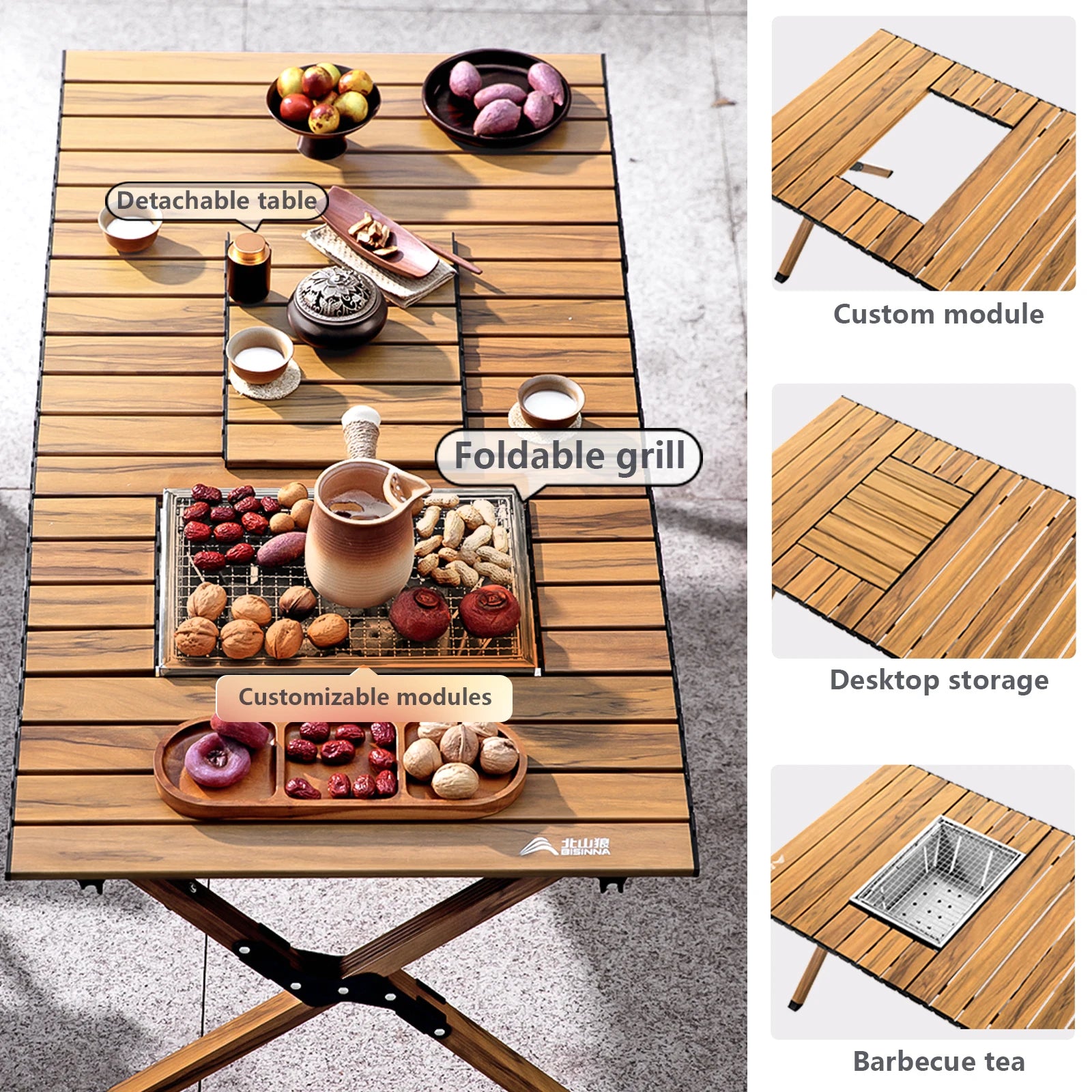 BISINNA Aluminum Alloy Custom Egg Roll Table Outdoor Folding Stove Boiling Tea Table Picnic Barbecue Wood Grain Egg Roll Table
