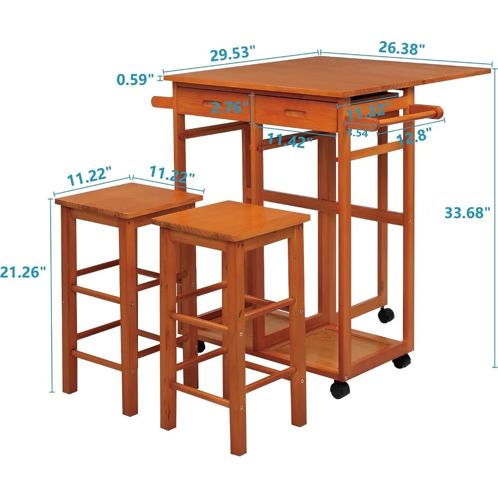 Kitchen Island Trolley Cart with 2 Square Stools and 2 Drawers Solid Wood Drop Leaf Table Easy Put Together