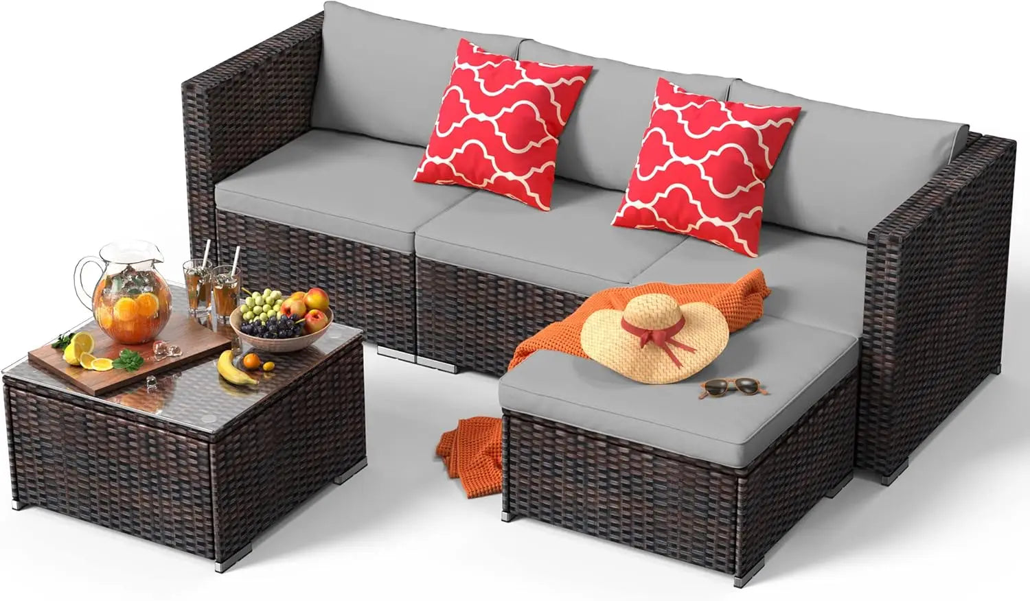Outdoor Patio Sofa Set PE Wicker Rattan Sectional Conversation Sofa with a Glass Coffee Table for Backyard Porch Poolside Patio