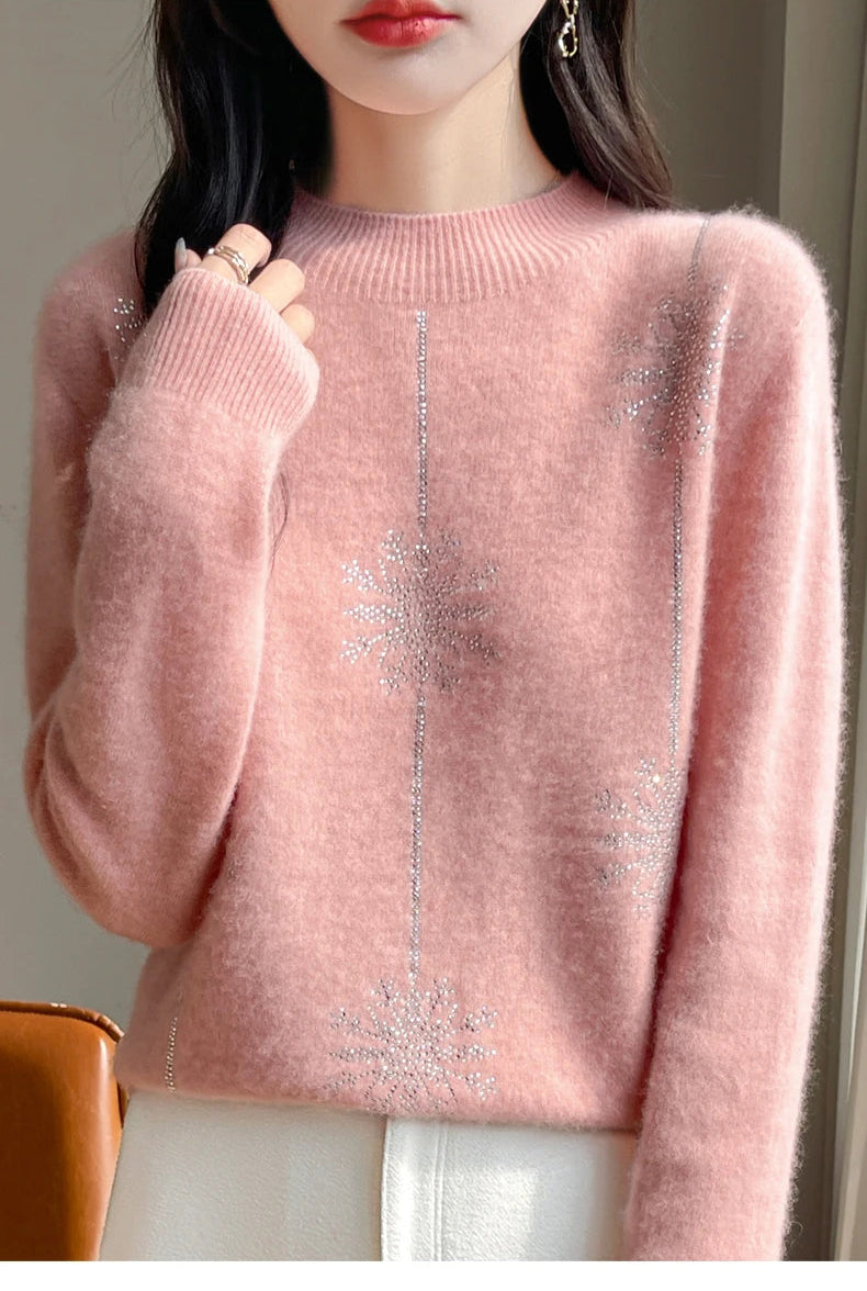 Diamond 100% Merino Wool Sweater 2024 New Women's Fashion Autumn/Winter Warm Hoodie Elegant Half High Collar Jumper Knitted Top