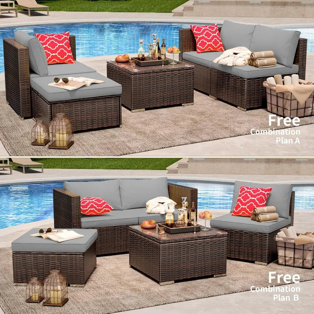 Outdoor Patio Sofa Set PE Wicker Rattan Sectional Conversation Sofa with a Glass Coffee Table for Backyard Porch Poolside Patio