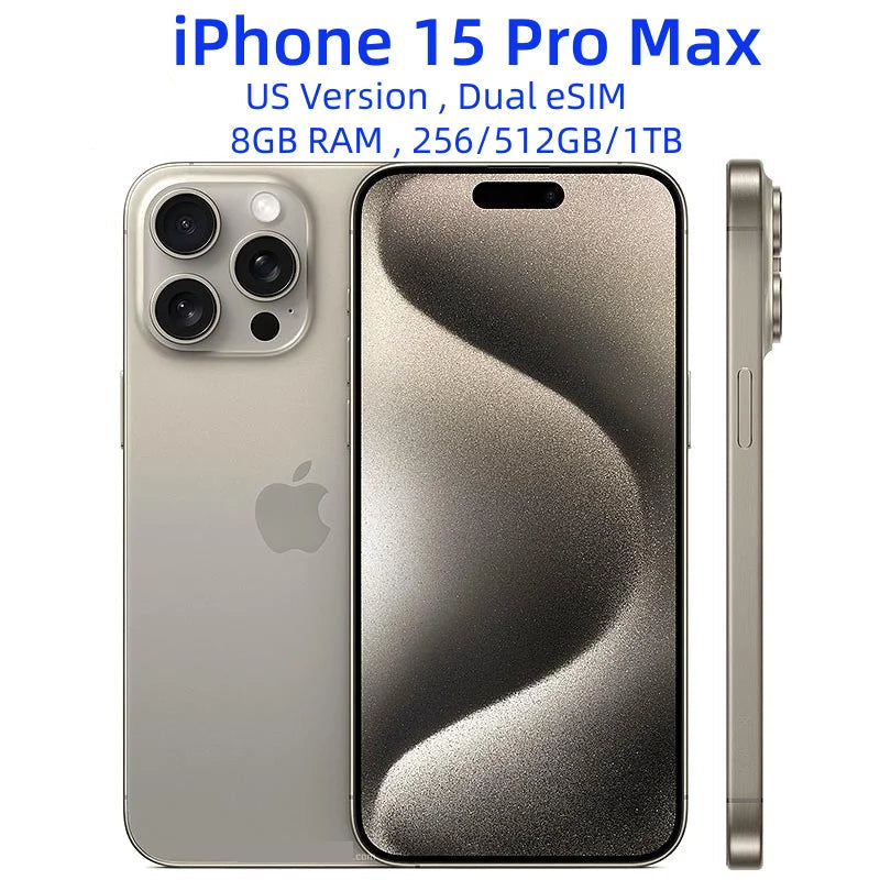Original iPhone 15 Pro Max 256/512GB 1TB ROM Dual eSIM 8GB RAM 6.7" Genuine Retina OLED NFC A16 15ProMax Unlocked 5G Cell Phone