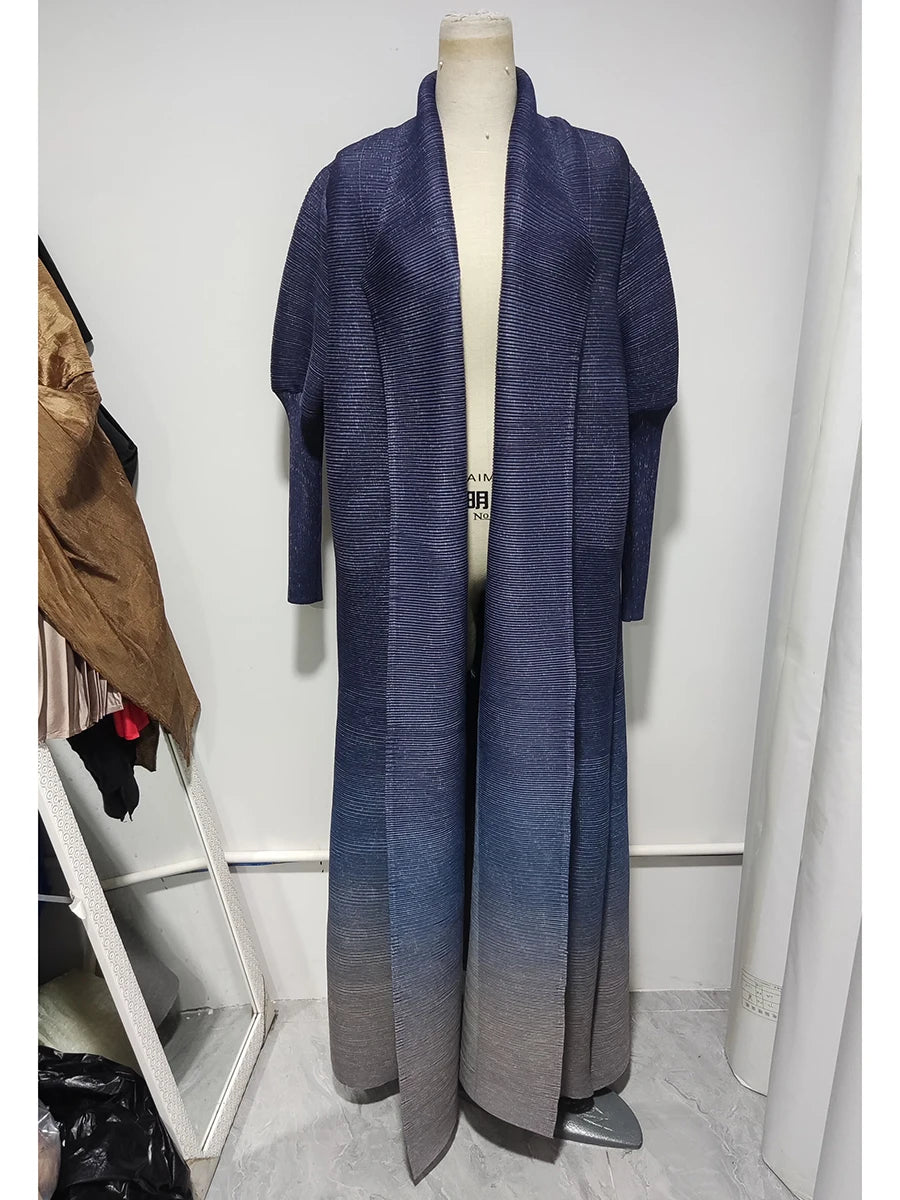 Miyake Pleated Gradient Turndown Collar Lantern Long Sleeve Jacket Women 2024 New Original Designer Abaya Fashion Long Coats