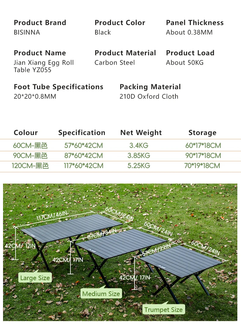 BISINNA Outdoor Egg Roll Table Portable Folding Table Carbon Steel Desk for Picnic Camping Hiking Travel Barbeque With Carry Bag