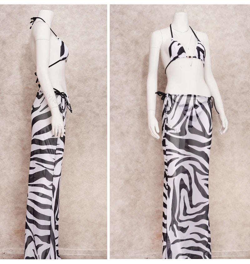 EDOLYNSA Sexy Zebra Stripes 3 Pieces Bikini Set 2024 Summer Beach Wear Triangle Bikinis Swimsuit Skirt Swimwear Cover-up A1554