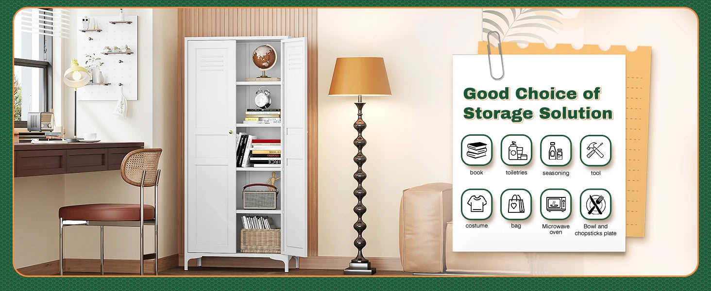White Storage Cabinet with Feets-Metal Home Kitchen Pantry Cabinets with Doors and Adjustable Shelves,Organization Locker