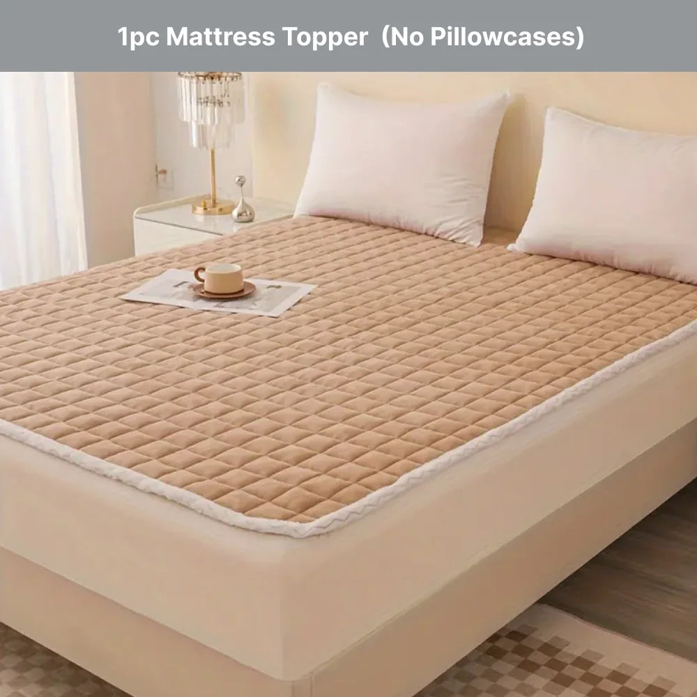 1pc Quilted Mattress Topper, Soft Velvet Milk Fiber Mattress Cover, Breathable Flannel, Anti-Slip, Machine Washable