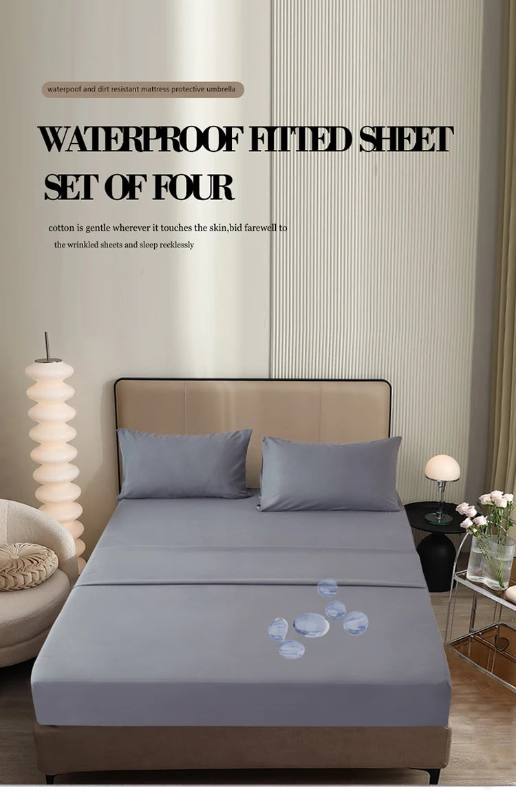 3/4pcs Solid Beding Set, Waterproof Fitted sheet & Bed Sheet & Pillowcases Soft, Queen, KIng, Full, Twin Size, White and Gray