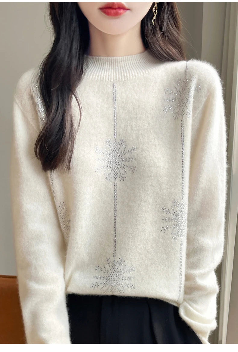 Diamond 100% Merino Wool Sweater 2024 New Women's Fashion Autumn/Winter Warm Hoodie Elegant Half High Collar Jumper Knitted Top