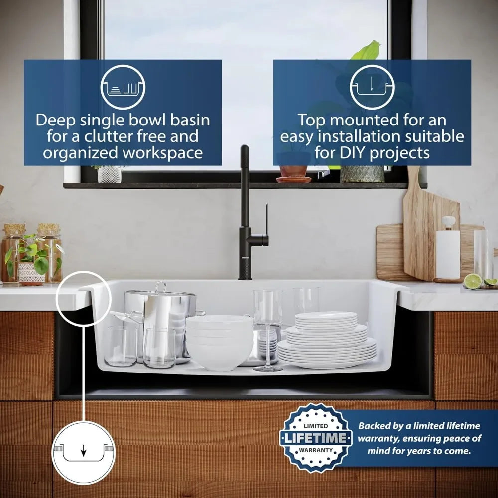 Top Mount. Large Single Bowl Quartz Kitchen Sink in