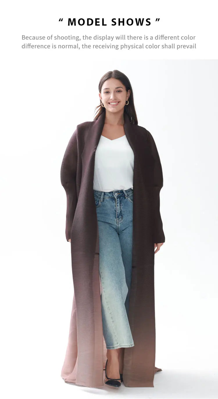 Miyake Pleated Gradient Turndown Collar Lantern Long Sleeve Jacket Women 2024 New Original Designer Abaya Fashion Long Coats