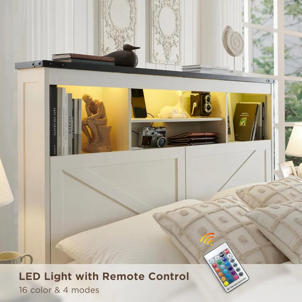 Farmhouse King Size Wood Bed Frame with 52" Tall Storage Head board and 4 Drawers, LED Light, ChargingStation, Solid Wood Slats Support