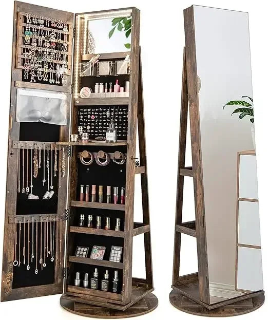 63.5" H Jewelry Armoire with Full Length Mirror 360° Swivel, Rear Storage Shelves, Lockable Standing Jewelry Cabinet Organizer