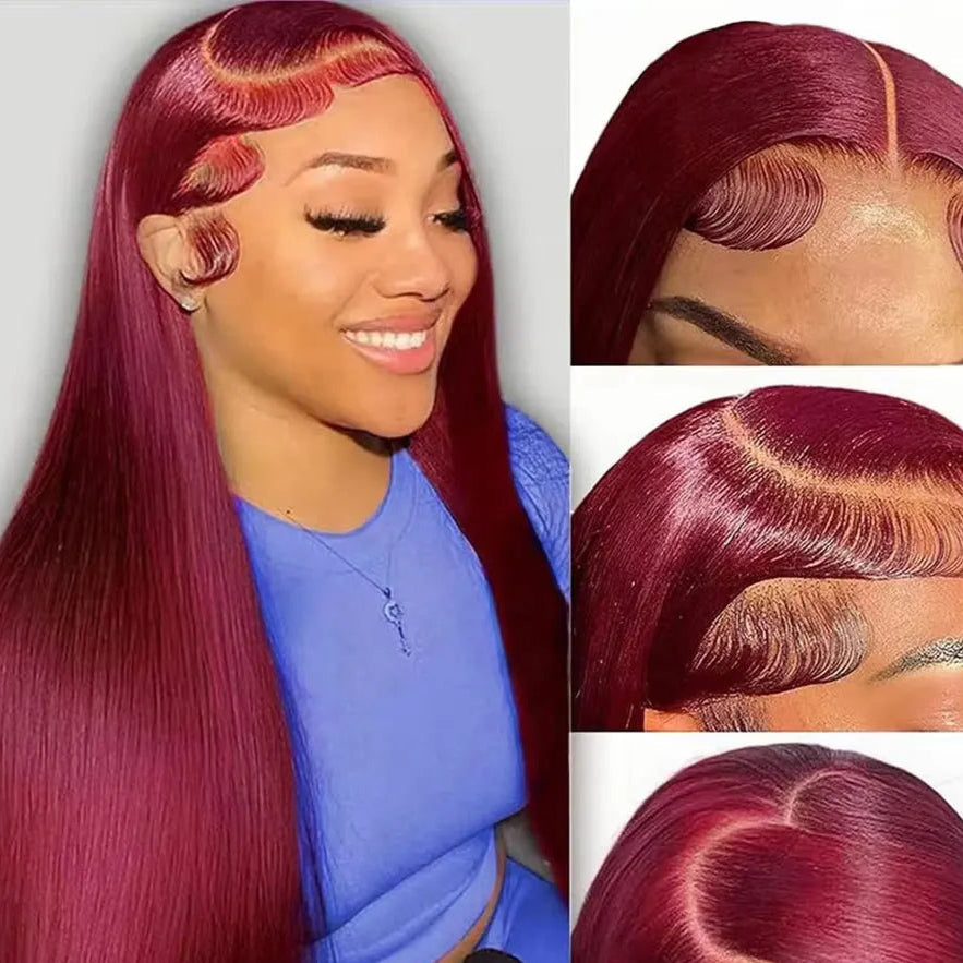 99J 13X6 HD Lace Frontal Human Hair Wigs Pre plucked Burgundy Straight Human Hair Lace Front Wigs 10A