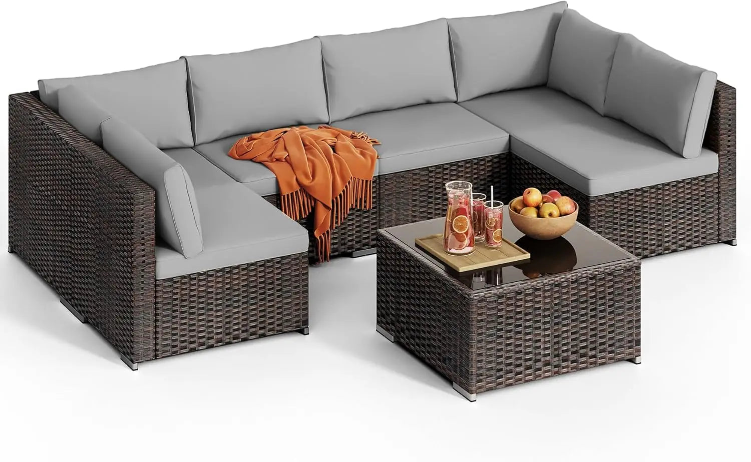 7 Pieces Outdoor Patio Furniture Set PE Rattan Outdoor Wicker Sectional Furniture Sofa Set, with Cushions and Glass Coffee Table