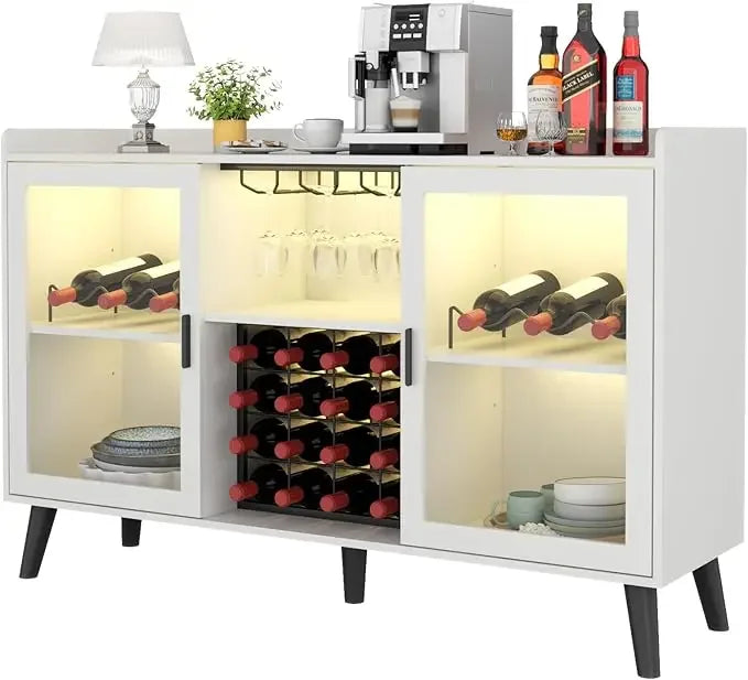 Wine Bar Cabinet with Led Light, Home Coffee Cabinet with Wine and Glass Rack, Kitchen Buffet Sideboard with Storage Shelves