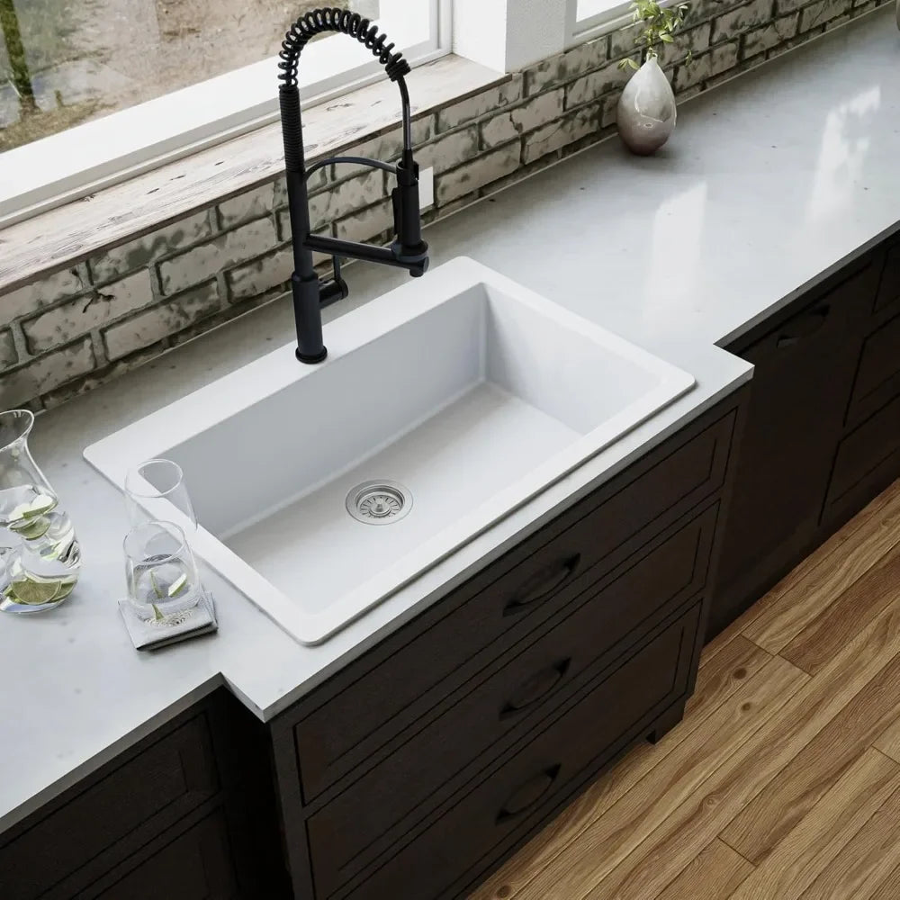 Top Mount. Large Single Bowl Quartz Kitchen Sink in