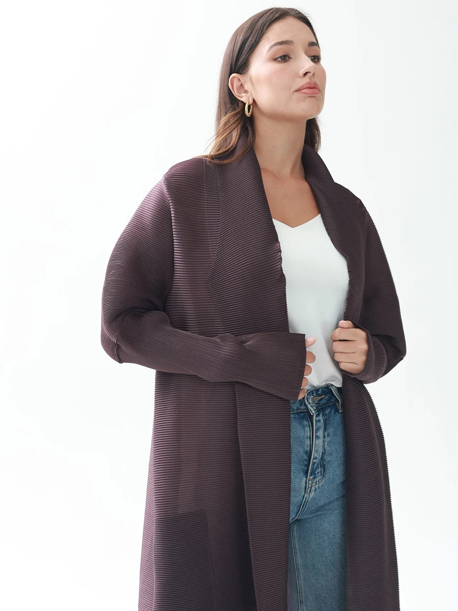 Miyake Pleated Gradient Turndown Collar Lantern Long Sleeve Jacket Women 2024 New Original Designer Abaya Fashion Long Coats