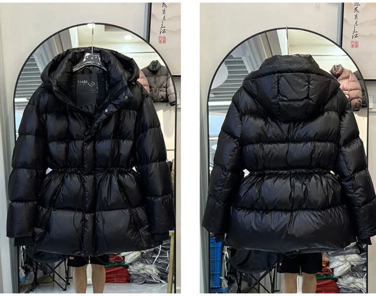 Black Golden Goose Down Jacket Detachable Hooded Women 2025 New Winter Thickened Warm Drawstring Waist Coat Zipper Pocket Casual