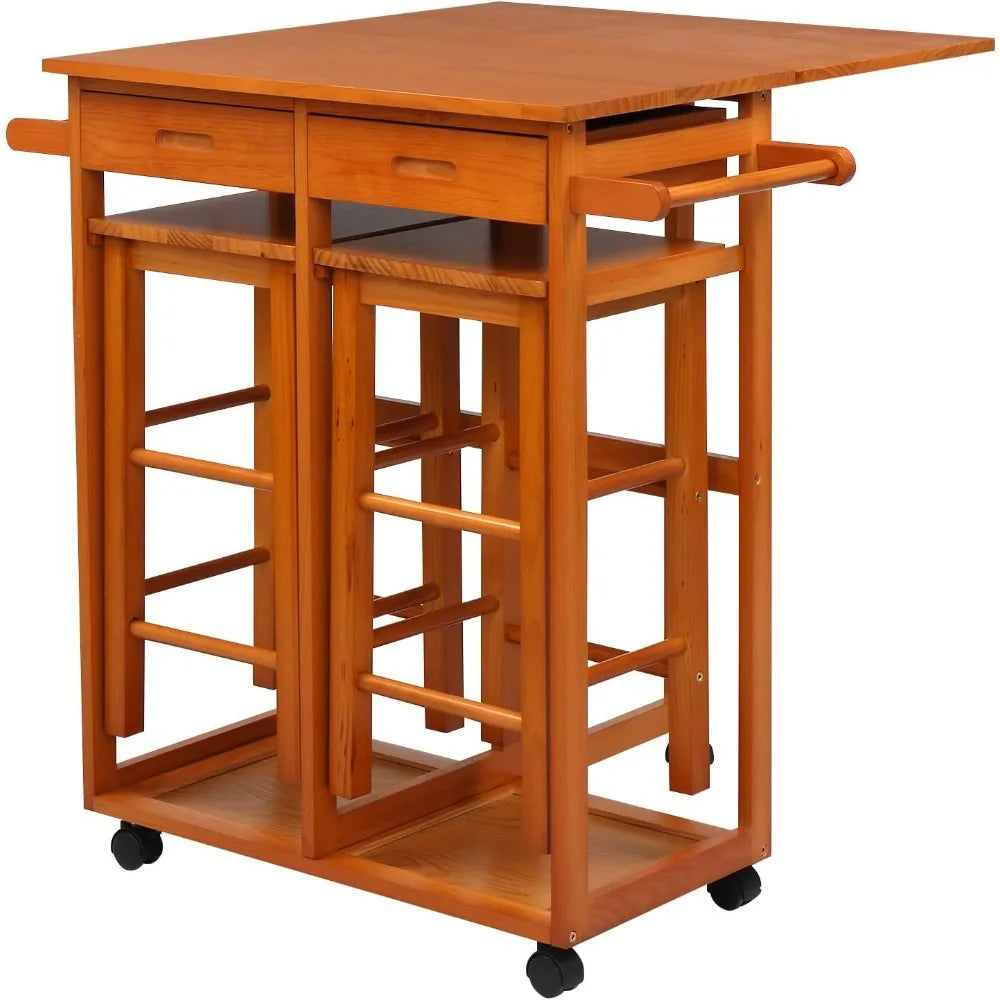 Kitchen Island Trolley Cart with 2 Square Stools and 2 Drawers Solid Wood Drop Leaf Table Easy Put Together