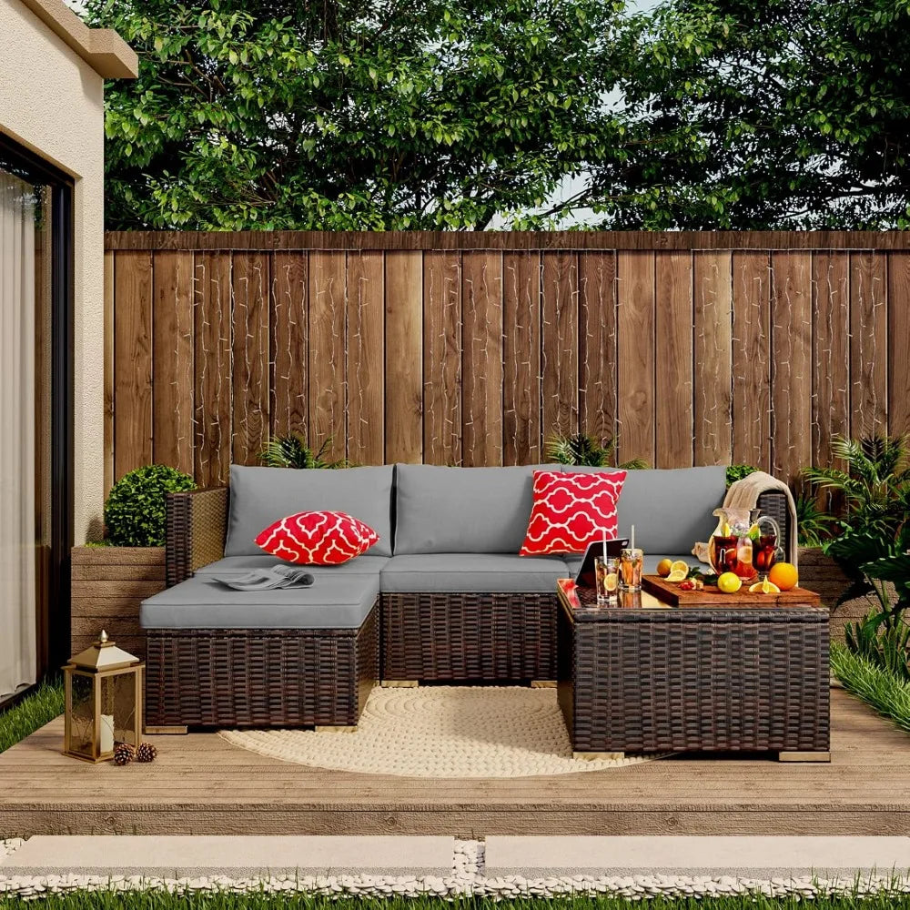 Outdoor Patio Sofa Set PE Wicker Rattan Sectional Conversation Sofa with a Glass Coffee Table for Backyard Porch Poolside Patio