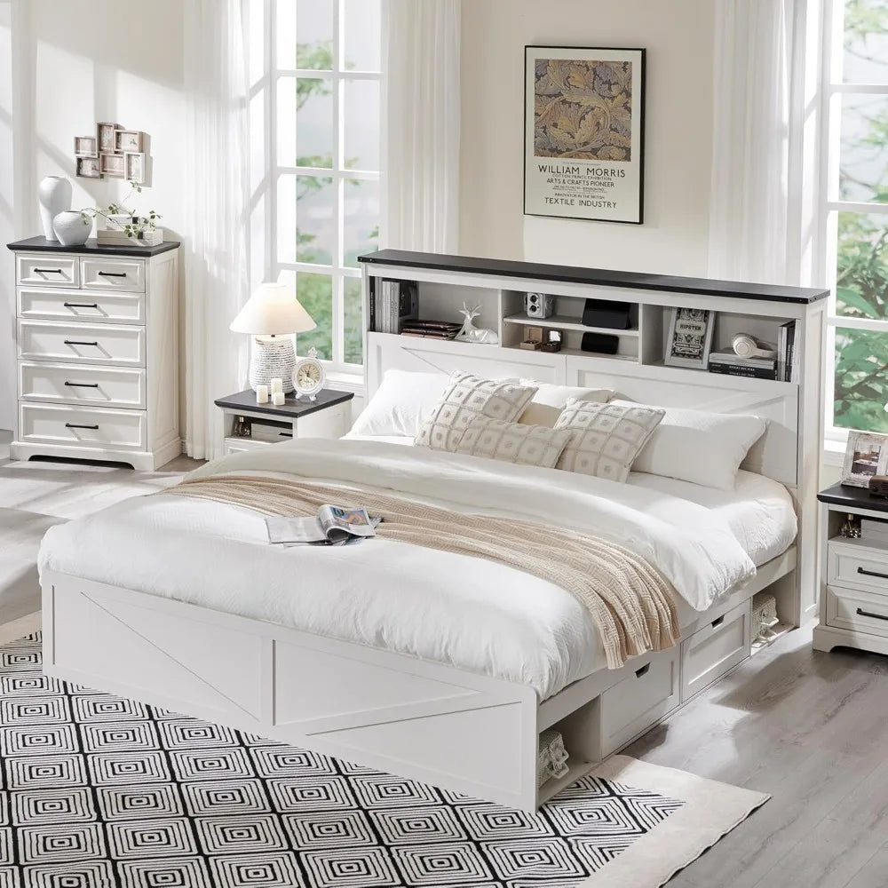 Farmhouse King Size Wood Bed Frame with 52" Tall Storage Head board and 4 Drawers, LED Light, ChargingStation, Solid Wood Slats Support