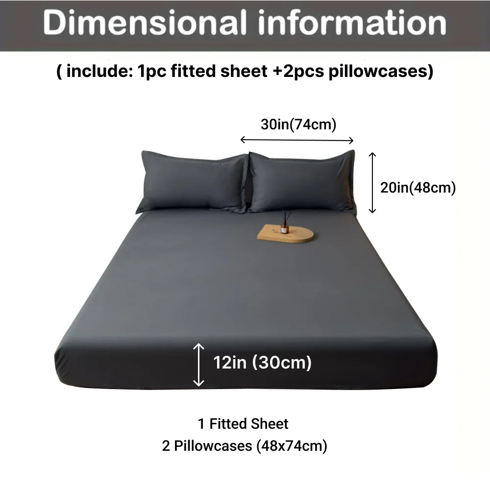 3pcs Cotton Fitted Bed Sheet Set (1 Fitted Sheet + 2 Pillowcases) Breathable Soft Mattress Cover with Pillow Cover Bedding Set