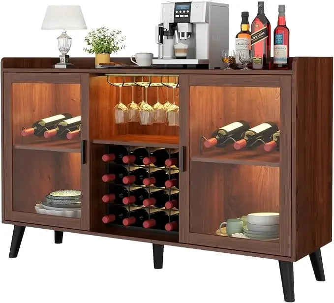 Wine Bar Cabinet with Led Light, Home Coffee Cabinet with Wine and Glass Rack, Kitchen Buffet Sideboard with Storage Shelves