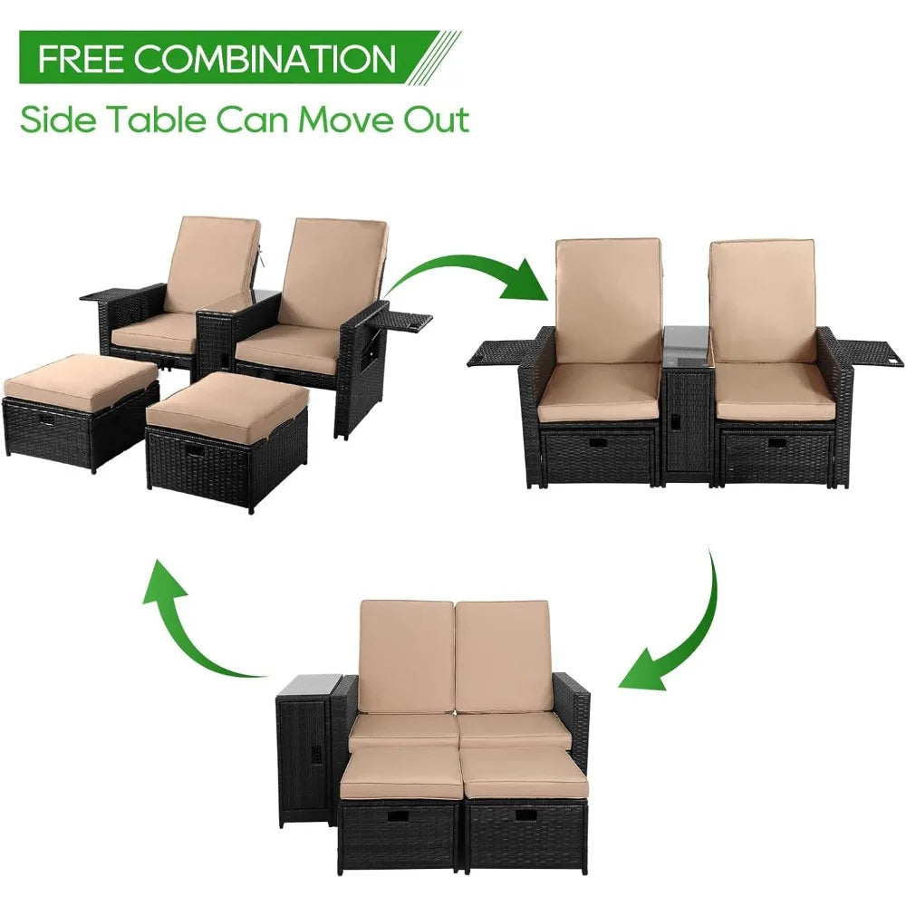 Patio Wicker Loveseat - Outdoor Rattan Sofa Set with Cushion - Adjustable Lounge Chair with Ottoman Footrest, Wicker Furniture