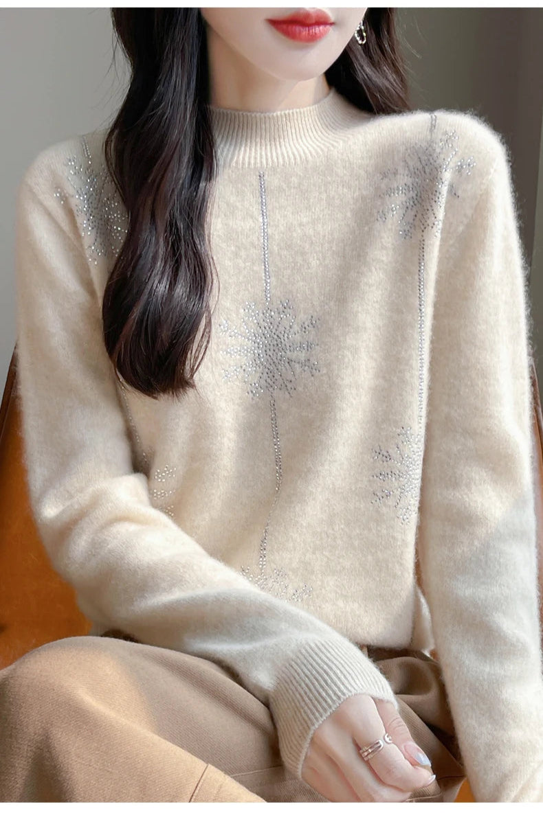 Diamond 100% Merino Wool Sweater 2024 New Women's Fashion Autumn/Winter Warm Hoodie Elegant Half High Collar Jumper Knitted Top