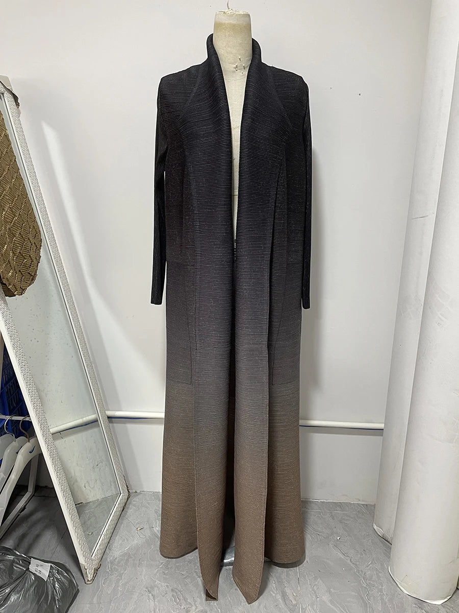 Miyake Pleated Gradient Turndown Collar Lantern Long Sleeve Jacket Women 2024 New Original Designer Abaya Fashion Long Coats