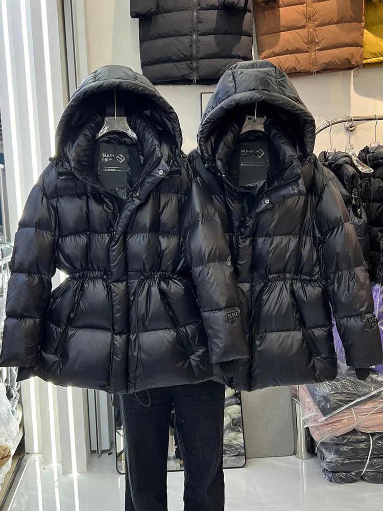 Black Golden Goose Down Jacket Detachable Hooded Women 2025 New Winter Thickened Warm Drawstring Waist Coat Zipper Pocket Casual