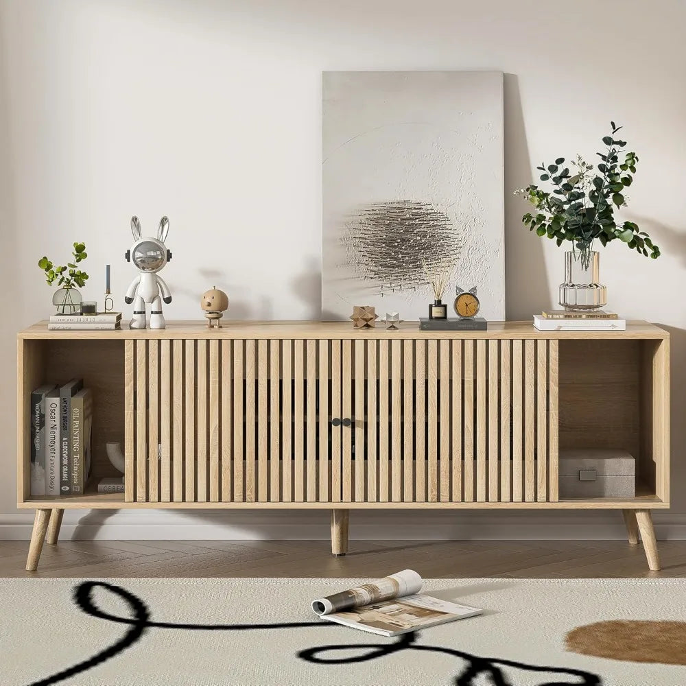 Mid Century Modern TV Stand for Televisions , with Sliding Doors and Storage, Television Stands, TV Consoles,