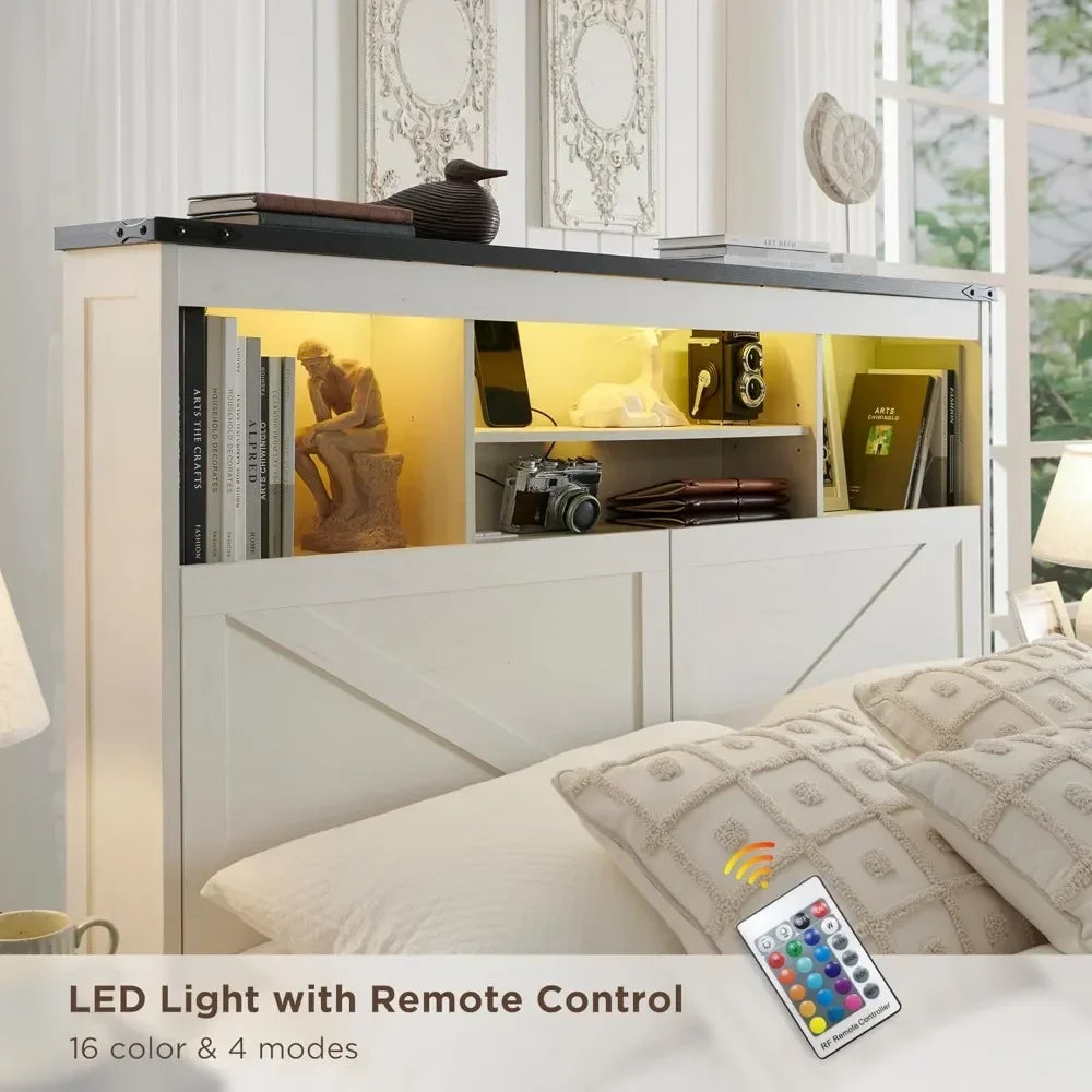 Farmhouse King Size Wood Bed Frame with 52" Tall Storage Head board and 4 Drawers, LED Light, ChargingStation, Solid Wood Slats Support