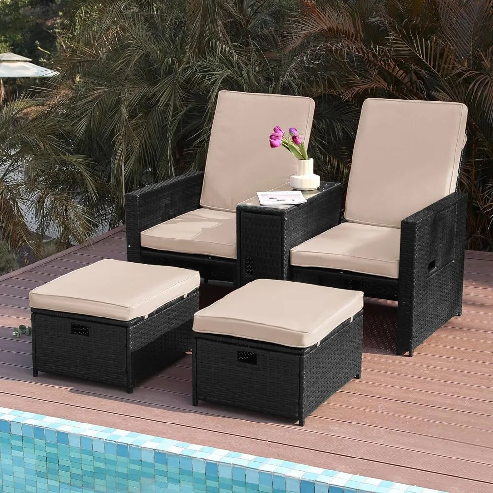 Patio Wicker Loveseat - Outdoor Rattan Sofa Set with Cushion - Adjustable Lounge Chair with Ottoman Footrest, Wicker Furniture
