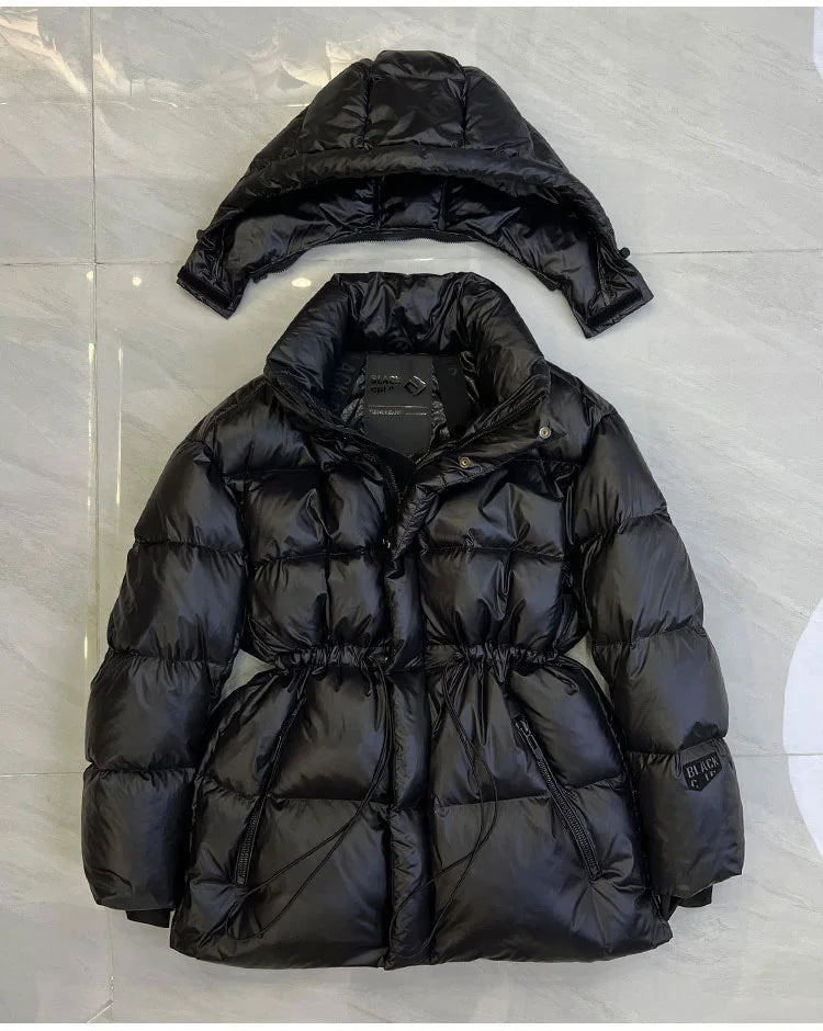Black Golden Goose Down Jacket Detachable Hooded Women 2025 New Winter Thickened Warm Drawstring Waist Coat Zipper Pocket Casual