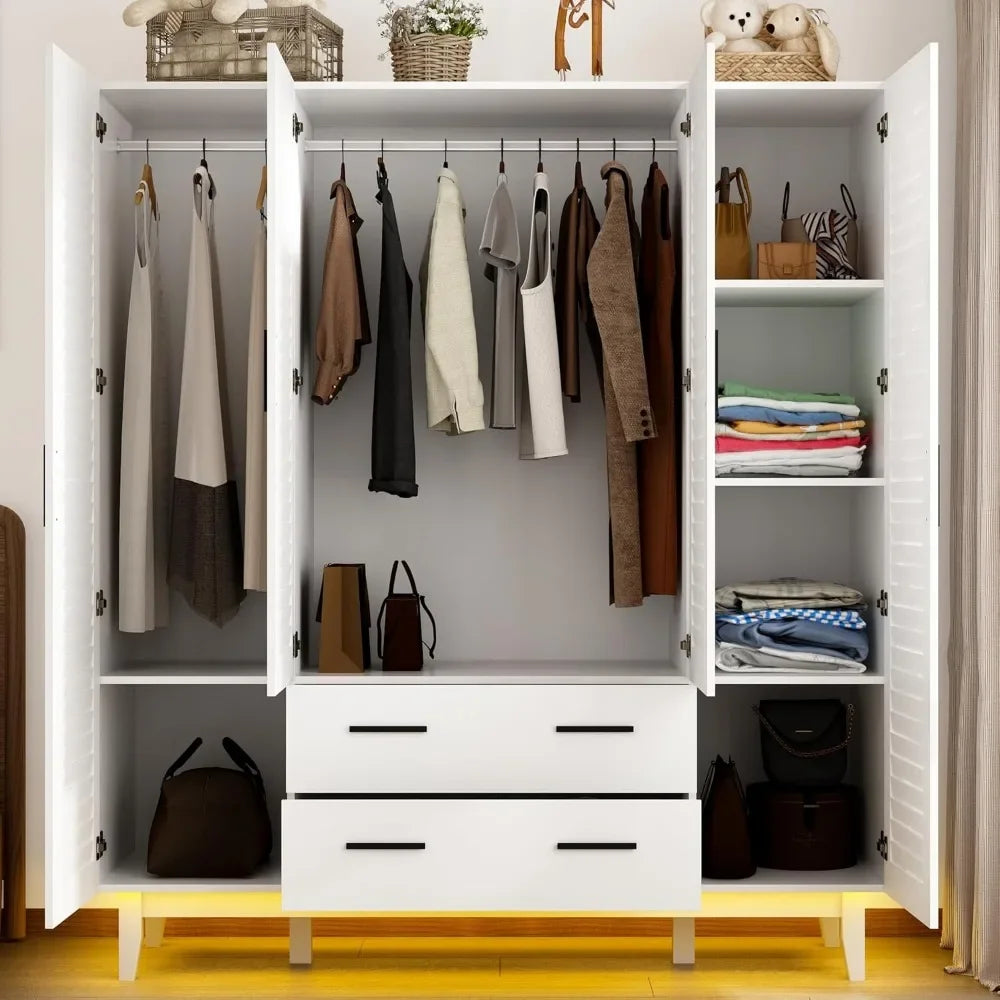 Armoire Wardrobe Closet Cabinet with Drawers and LED Lights, Multi-Tier Shelves, Hanging Rod & Louver Doors