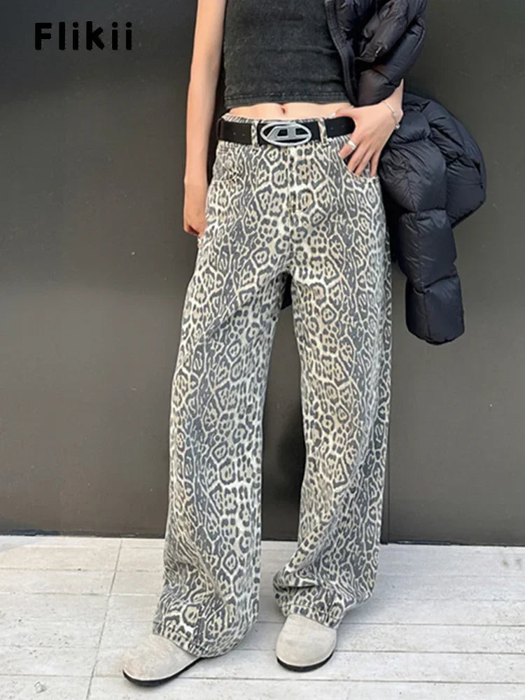 American Retro Leopard High Waist Baggy Jeans Women's Casual Pockets Hip-hop Pants 2024 Spring Y2K Oversiz Panther Denim Trouser