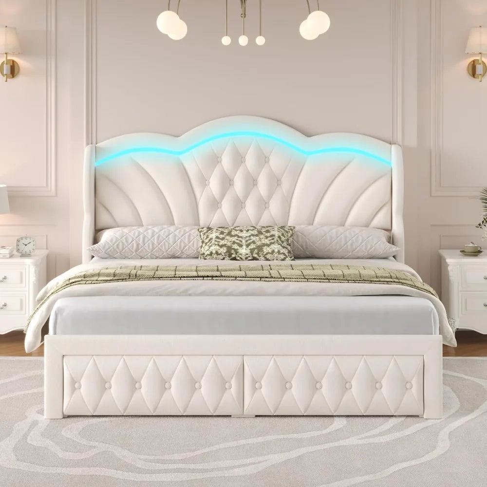 Bed Frame Arc-Shaped LED Lights and 47.2" Height Wingback Bed, Button Tufted Headboard and Footboard with Storage Drawer,