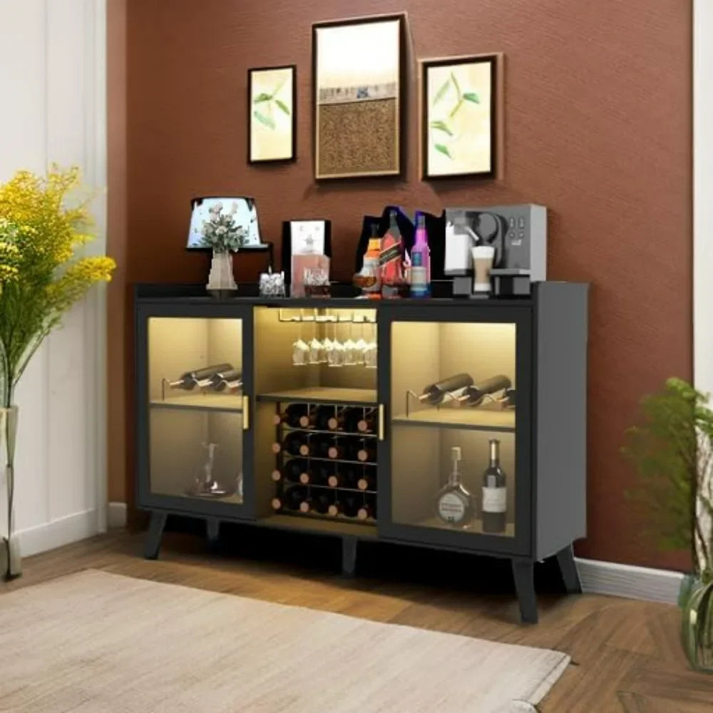 Wine Bar Cabinet with Led Light, Home Coffee Cabinet with Wine and Glass Rack, Kitchen Buffet Sideboard with Storage Shelves