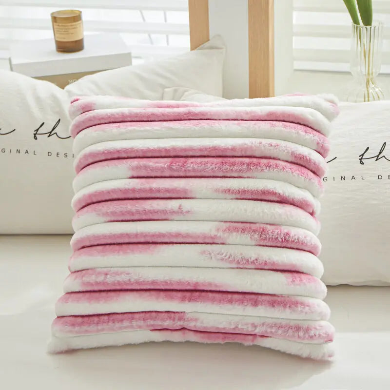 1pc Double-Sided Faux Fur Plush Cushion Cover for Sofa Fuzzy Striped Soft Throw Decorative Pillow Covers for Couch or Bedroom